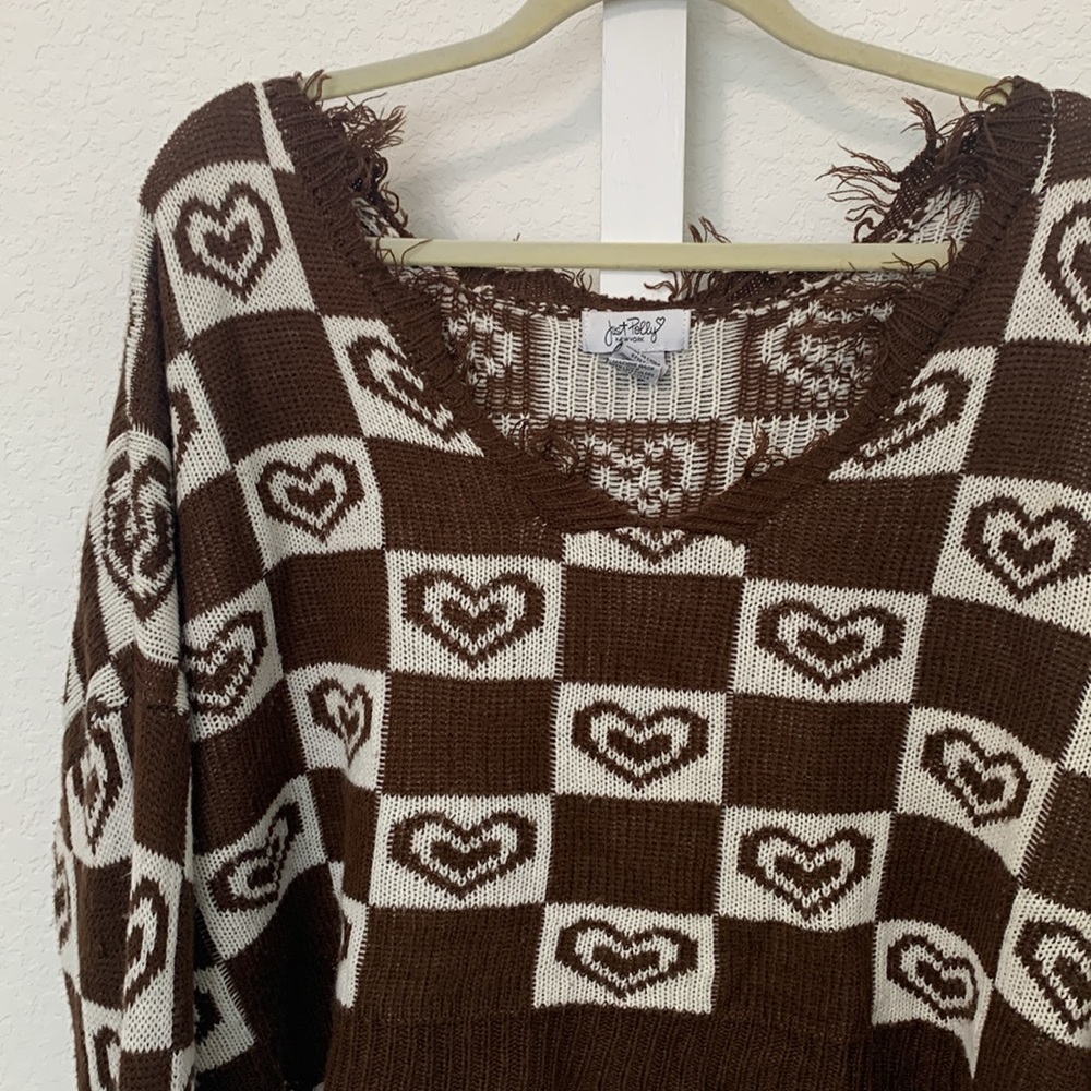 Just Polly Checkered Heart Graphics Distressed Oversized Slouchy Sweater - Picture 3 of 7